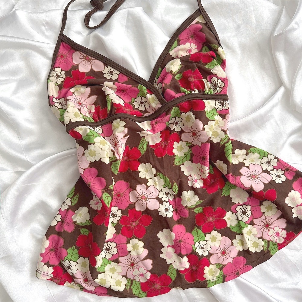 Old Navy Maternity Floral Tankini Swim Top Brown Pink Halter Large